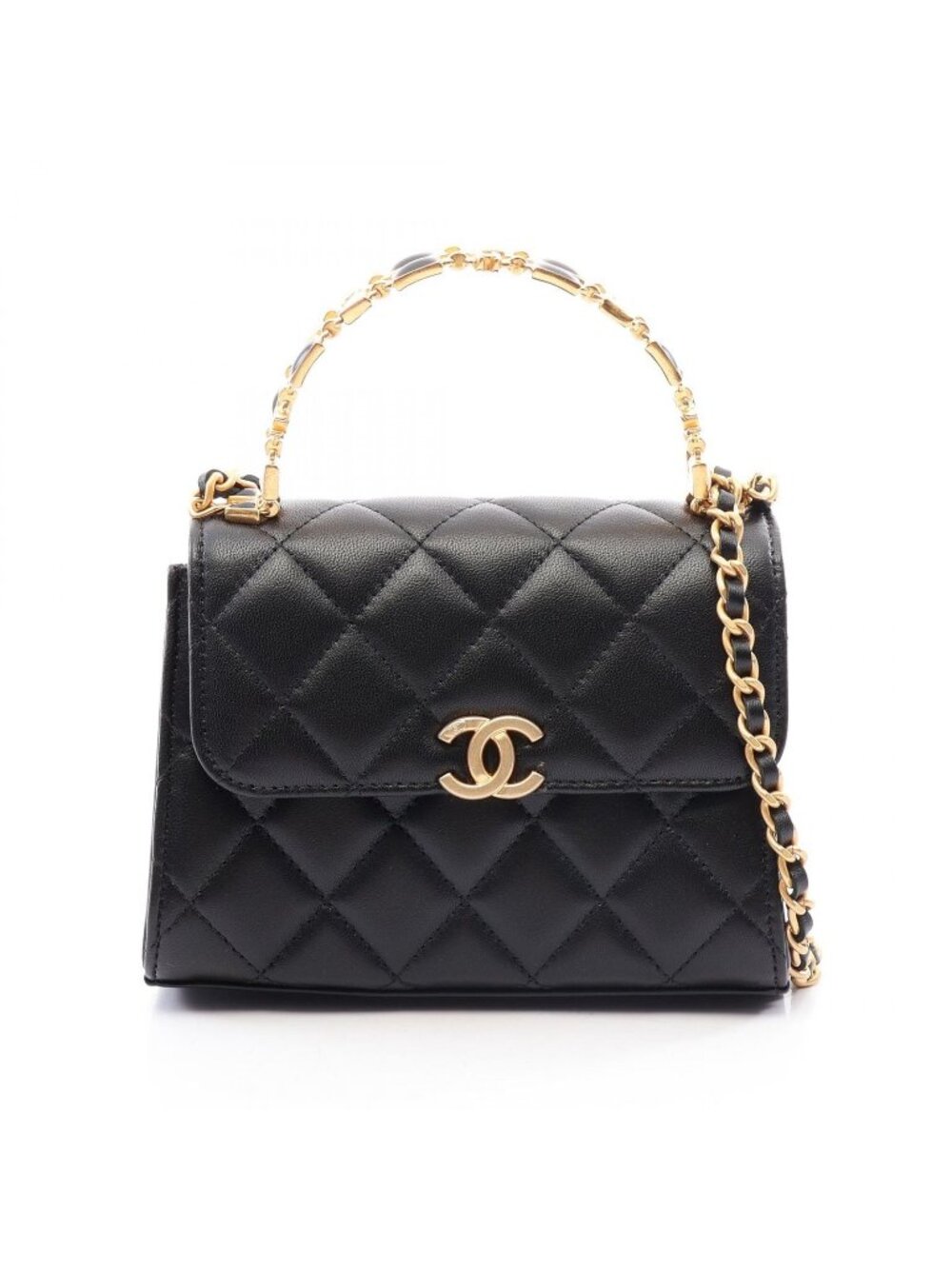 Chanel Shoulder Bag Quilted 2-Way Black Lambskin Top Handle Mini Flap